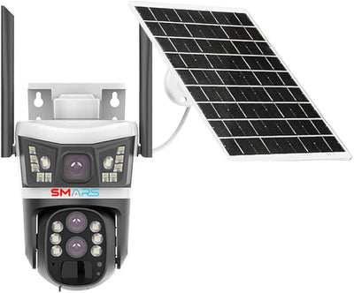 Smars 4+4+4 MP 3 Lens 10X Zoom 4G Sim Enabled Solar Powered Outdoor Security Ptz Camera with Audio & Video Recording | 2 Way Talk | IP66 Water Proof | Night Vision | 360° View