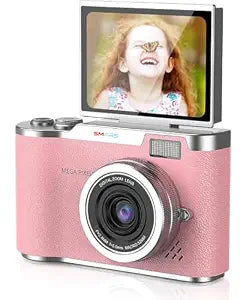 SMARS 48MP Digital Camera | 4K Video Recording | 16X Digital Zoom | 180° Flip Screen | 2.4-Inch Display | Anti-Shake | Compact Point-and-Shoot Camera for Students and Beginners | (Pink)