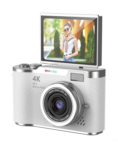 SMARS 48MP Digital Camera | 4K Video Recording | 16X Digital Zoom | 180° Flip Screen | 2.4-Inch Display | Anti-Shake | Compact Point-and-Shoot Camera for Students and Beginners | (White)