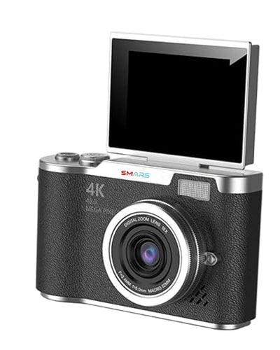 SMARS 48MP Digital Camera | 4K Video Recording | 16X Digital Zoom | 180° Flip Screen | 2.4-Inch Display | Anti-Shake | Compact Point-and-Shoot Camera for Students and Beginners | (Black)