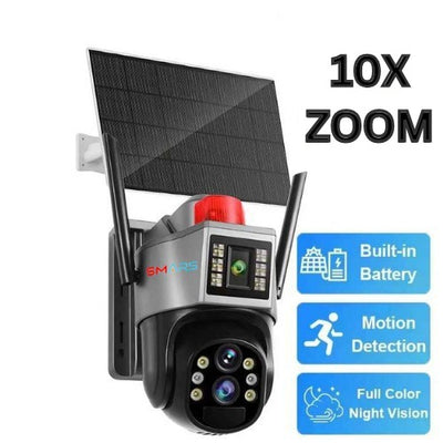 Smars 6MP Dual Lens Solar 4G PTZ Security Camera, 10X Zoom, Dual Panel, Color Night Vision, Motion Detection, Two-Way Audio, Outdoor Waterproof CCTV Camera with Built-in Battery