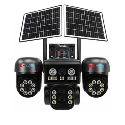 smars 4 Lens Solar PTZ AI Security Camera with 10X Zoom and 3 Lens PTZ Working | 16MP FHD 4G Camera | 355° Pan & 90° Tilt | Smart Human Detection | Full Color Night Vision | Two-Way Audio |