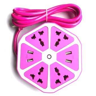Smars® Extension Board 4 USB Ports 1.8 M Cable Hexagon Charging Station EU Plug 4 Sockets + 4 USB Ports Multi Plug Use for Home/Office (Random Colour)