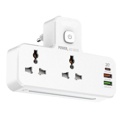 Smars 20W 3-Port USB Charger Extension Power Strip with 1 * 20W, 2 ways power socket, USB-A Wall Charger Adapter Fast Charger, Touch Night Lamp Type C USB PD QC 3.0 Fast USB Port