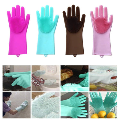 Smars® Silicone Kitchen Dish Wash Scrubbing Hand Gloves with Heat Resistant and Reusable Gloves for Protecting Hands 1 Pair (Multi Color)