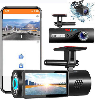 Smars Dual Dash Cam Front and Rear 1080P FHD, WiFi Dash Camera for Cars 1.97in Screen 1080P FHD Car Driving Recorder Front and Rear Car Cameras Infrared Night Vision/170° Wide Angle/Loop Recording