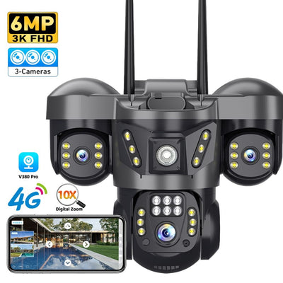 smars 6MP 3K Full HD Triple Lens 4G PTZ CCTV Camera | 360° Pan Tilt Outdoor WiFi Security Camera | V380 Pro App Support | 10X Digital Zoom | Night Vision | Motion Detection | Two Way Audio