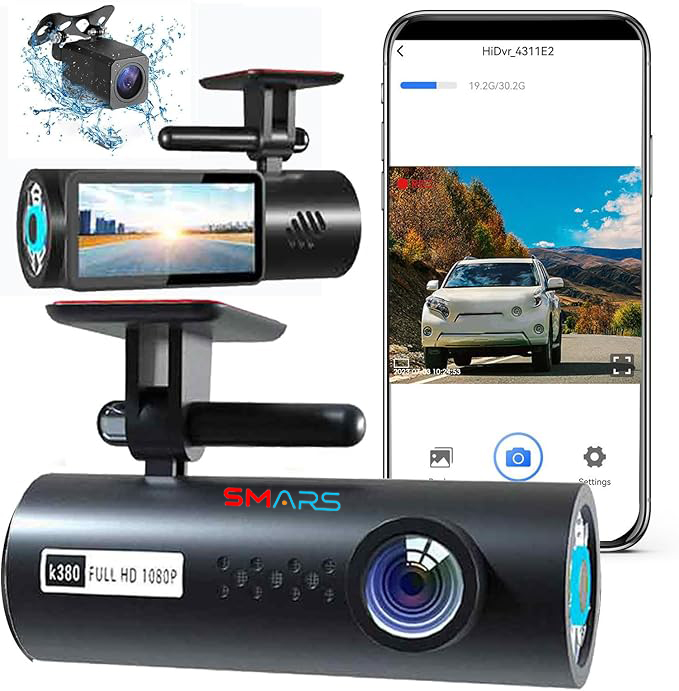 Smars Dual Dash Cam Front and Rear 1080P FHD, WiFi Dash Camera for Cars 1.97in Screen 1080P FHD Car Driving Recorder Front and Rear Car Cameras Infrared Night Vision/170° Wide Angle/Loop Recording