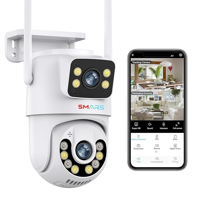 smars 4+4 MP Dual Lens WiFi IP PTZ Camera | Outdoor Wireless CCTV Security Camera | Audio and Video Monitoring | Colour Night Vision | NVR Supports | 360° PTZ Control | IP66 Waterproof
