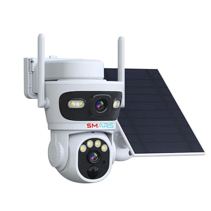 Smars 5+5 MP Dual Lens 4G Solar PTZ Outdoor CCTV Camera | X8I-S | 355° Pan | Dual View | Night Vision | Motion Detection | Siren Alarm | 2-Way Audio | Continuous Recording