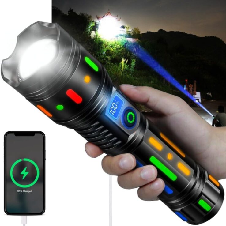 smars High Powered Handheld Flashlight, Rechargeable LED Torch with a Long-Range Reach, Colorful Fluorescent Strips Body, Mechanically Zoomable, for Hunting, Searching, Fishing, Exploring.