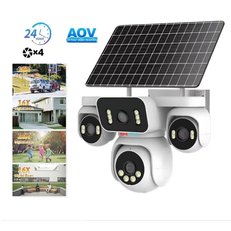 Smars 4-Lens AOV Solar PTZ Camera | 4G SIM Enabled Outdoor CCTV IP Camera | Dual Screen View | Humanoid Tracking | Two-Way Audio | Light-Sound Alarm